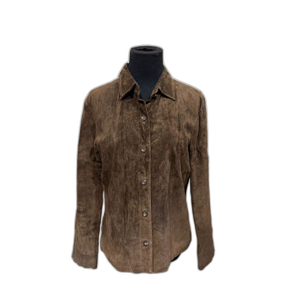 Brown Suede Long-sleeve Button-up Shirt Jacket Classic Pointed Collar Small